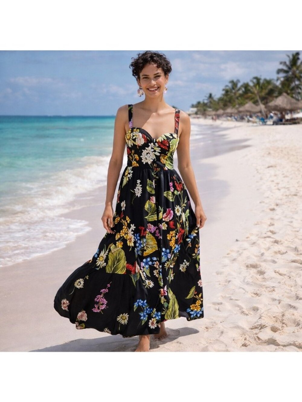 Agua Bendita Dunna Moss Maxi Dress Floral Black Sun Straps Casual Vacation M